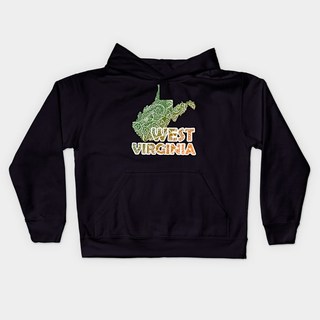 Colorful mandala art map of West Virginia with text in green and orange Kids Hoodie by Happy Citizen